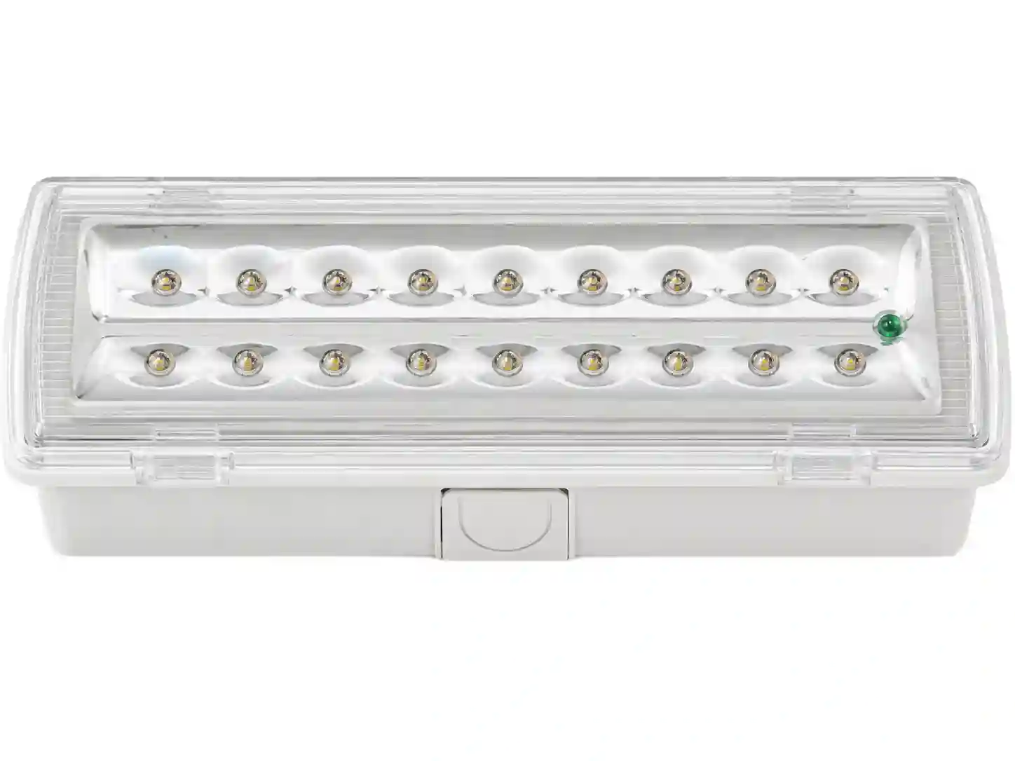 Nouzové LED svítidlo 2,7W IP65 — detail bílé plastové konstrukce s průhledným krytem